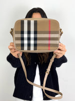 Load image into Gallery viewer, Burberry Check Camera Bag in Chestnut Beige Leather and Canvas

