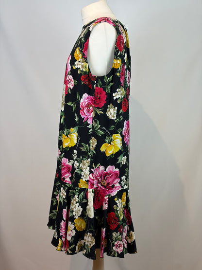 Dolce & Gabbana Black Floral Print Sleeveless Viscose Shift Midi Dress IT 50