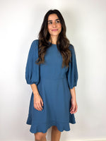 Load image into Gallery viewer, RED Valentino Smocked Puff-Sleeve Midi Dress in Petrol Blue Acetate-Viscose - 10 UK
