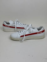 Load image into Gallery viewer, Prada Vitello Soft Leather Lace-Up Trainers White and Red - 5 UK
