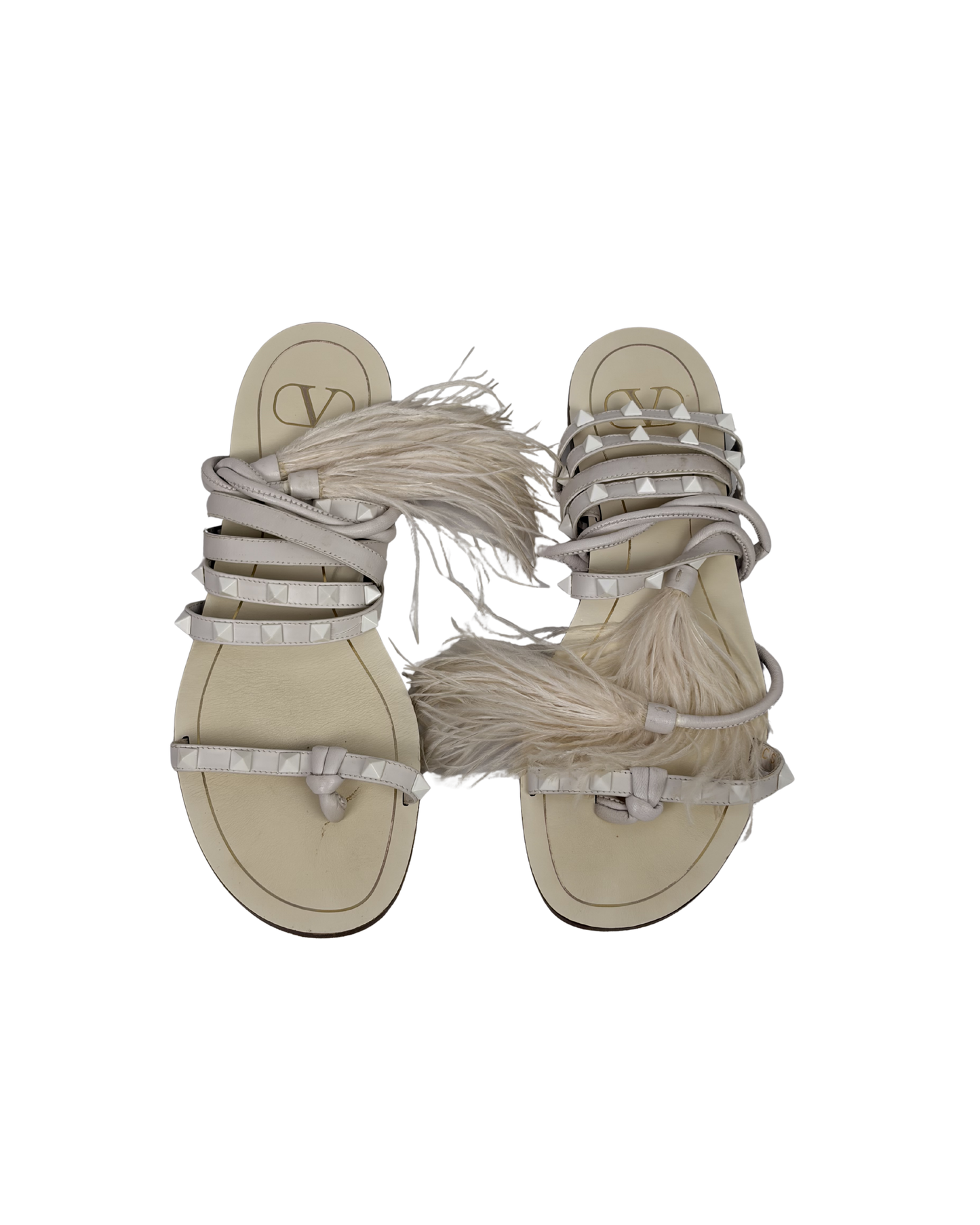 Valentino Garavani Rockstud Feather-Trimmed Flat Leather Sandals - Off-White - 5.5 UK