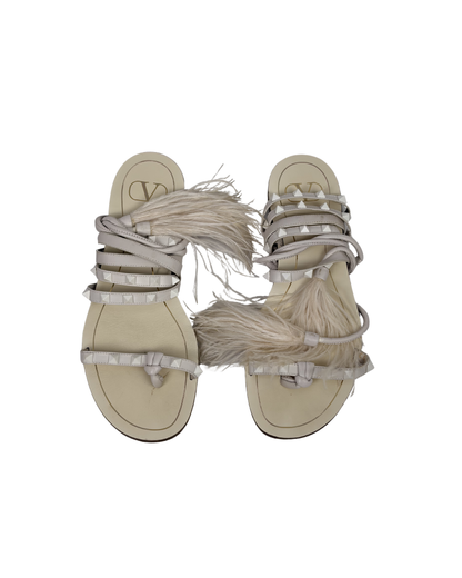 Valentino Garavani Rockstud Feather-Trimmed Flat Leather Sandals - Off-White - 5.5 UK