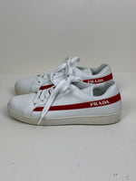 Load image into Gallery viewer, Prada Vitello Soft Leather Lace-Up Trainers White and Red - 5 UK
