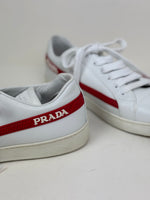 Load image into Gallery viewer, Prada Vitello Soft Leather Lace-Up Trainers White and Red - 5 UK
