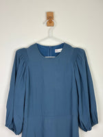 Load image into Gallery viewer, RED Valentino Smocked Puff-Sleeve Midi Dress in Petrol Blue Acetate-Viscose - 10 UK
