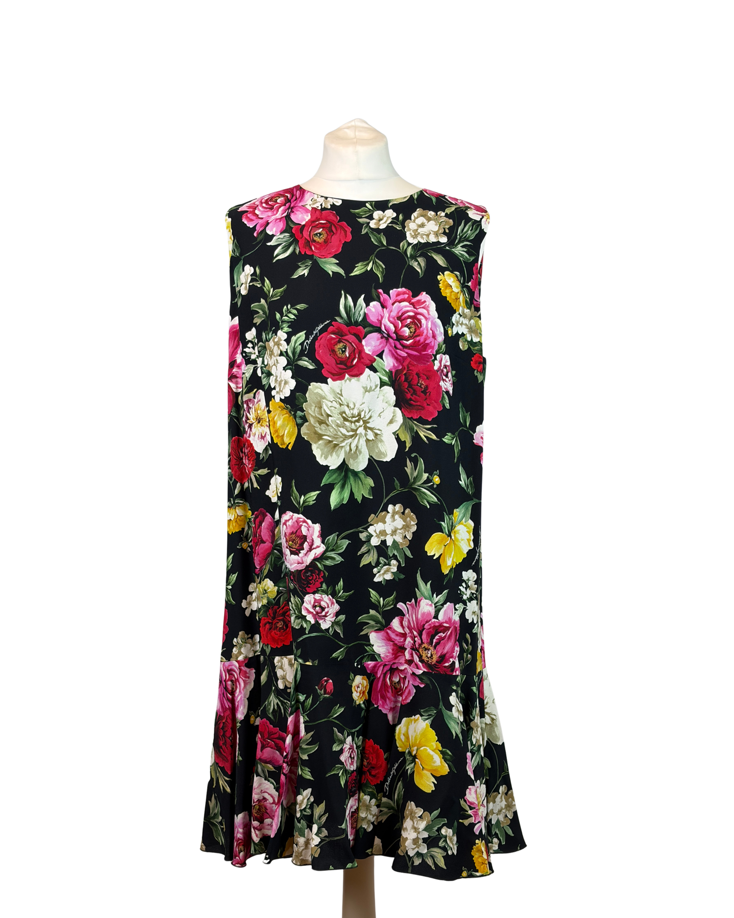 Dolce & Gabbana Black Floral Print Sleeveless Viscose Shift Midi Dress IT 50