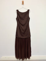 Load image into Gallery viewer, By Malina Flora Recycled Polyester and Viscose Tiered Maxi Dress in Chocolate Brown
