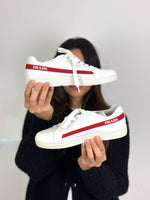 Load image into Gallery viewer, Prada Vitello Soft Leather Lace-Up Trainers White and Red - 5 UK

