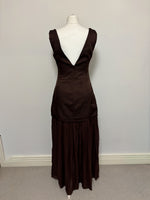 Load image into Gallery viewer, By Malina Flora Recycled Polyester and Viscose Tiered Maxi Dress in Chocolate Brown
