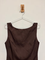 Load image into Gallery viewer, By Malina Flora Recycled Polyester and Viscose Tiered Maxi Dress in Chocolate Brown
