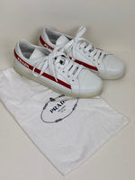 Load image into Gallery viewer, Prada Vitello Soft Leather Lace-Up Trainers White and Red - 5 UK
