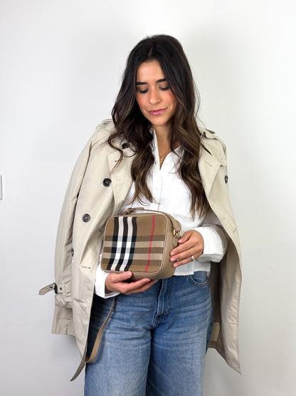 Burberry Check Camera Bag in Chestnut Beige Leather and Canvas