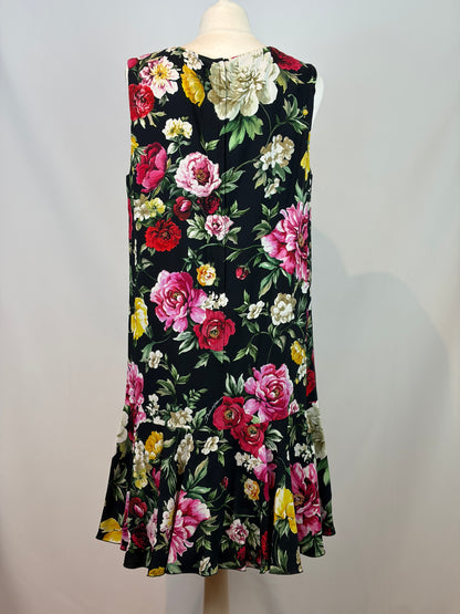 Dolce & Gabbana Black Floral Print Sleeveless Viscose Shift Midi Dress IT 50
