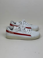 Load image into Gallery viewer, Prada Vitello Soft Leather Lace-Up Trainers White and Red - 5 UK
