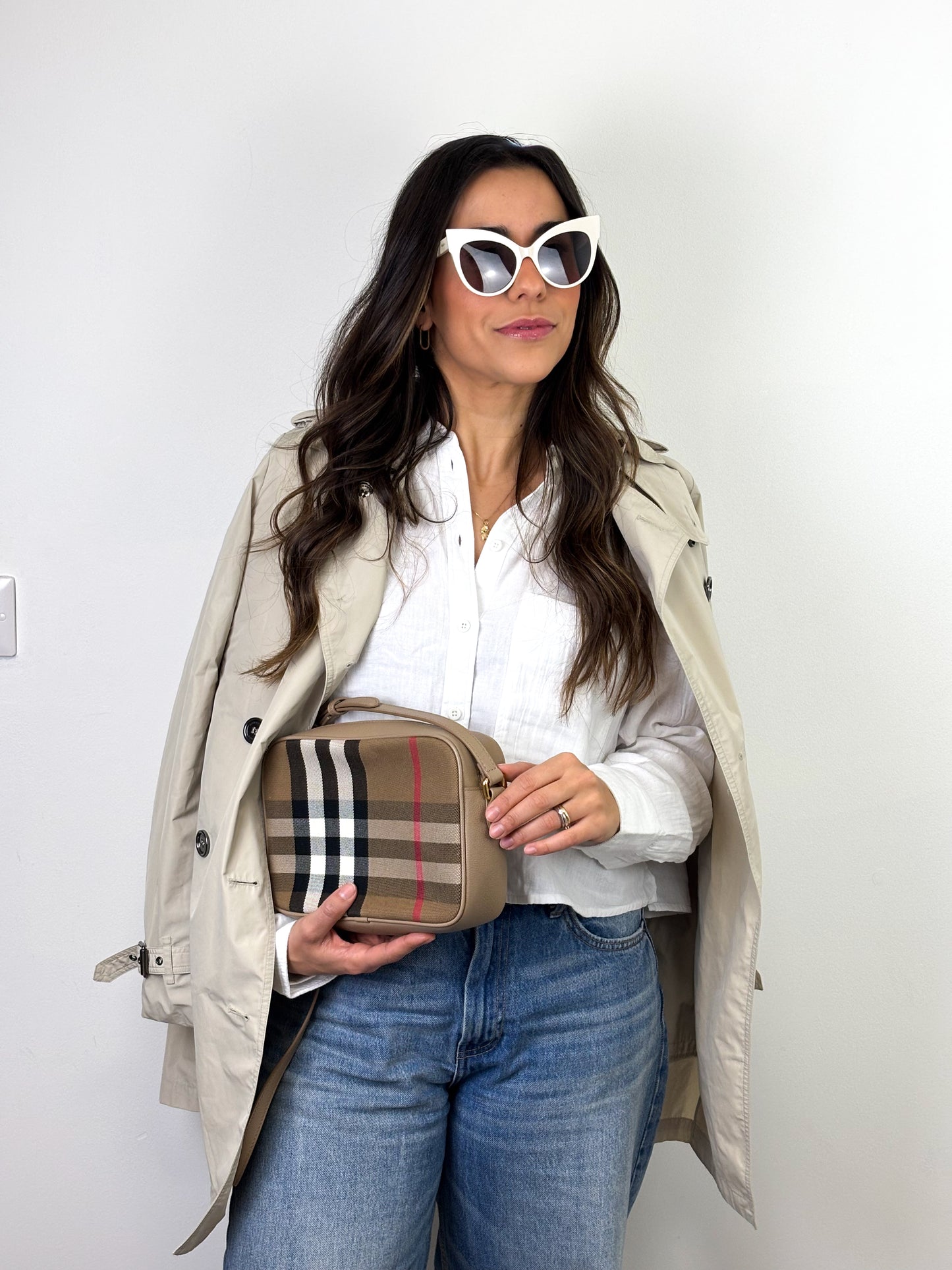 Burberry Check Camera Bag in Chestnut Beige Leather and Canvas