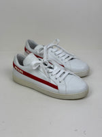 Load image into Gallery viewer, Prada Vitello Soft Leather Lace-Up Trainers White and Red - 5 UK
