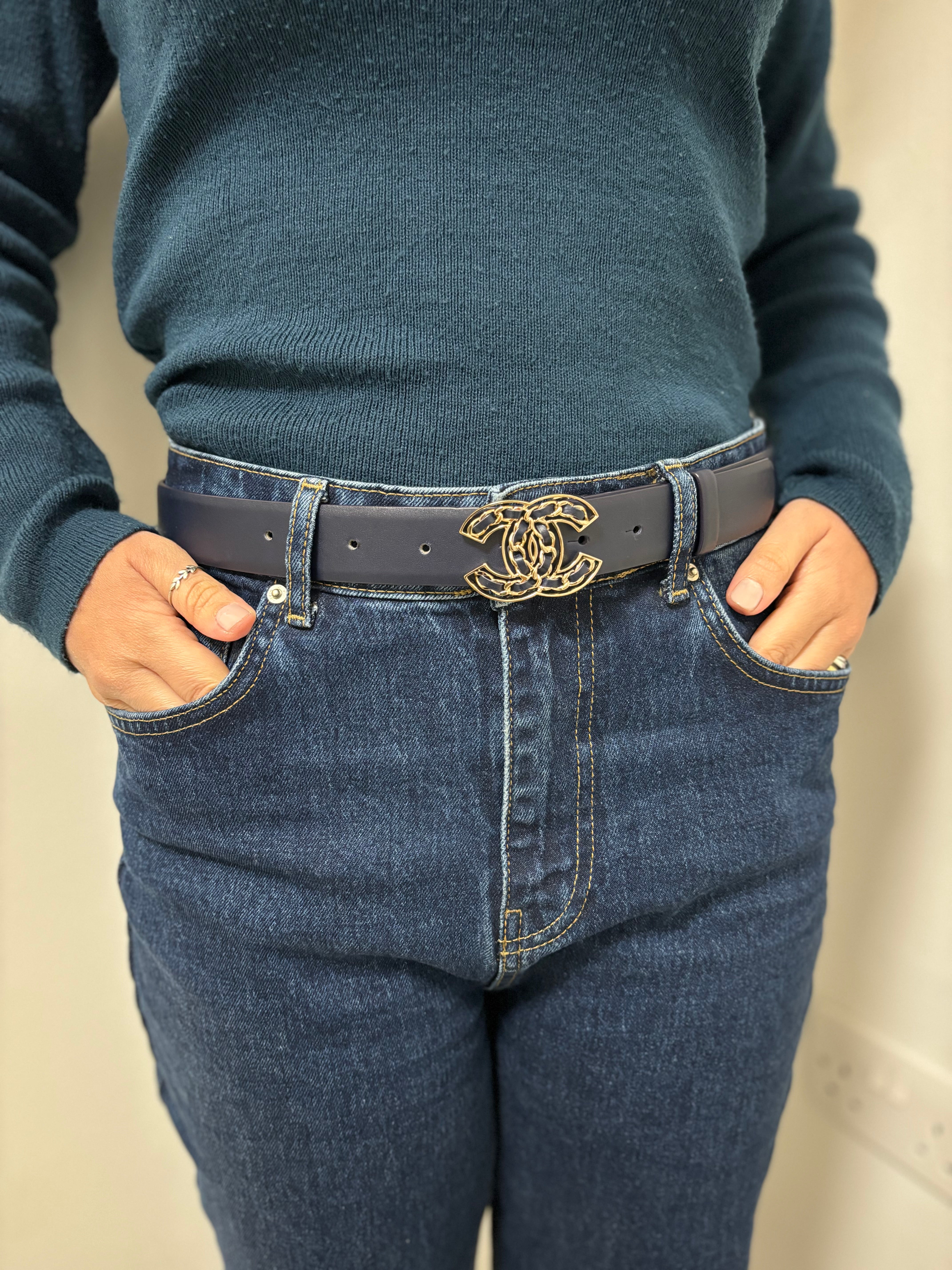 Chanel navy leather belt - 85cm