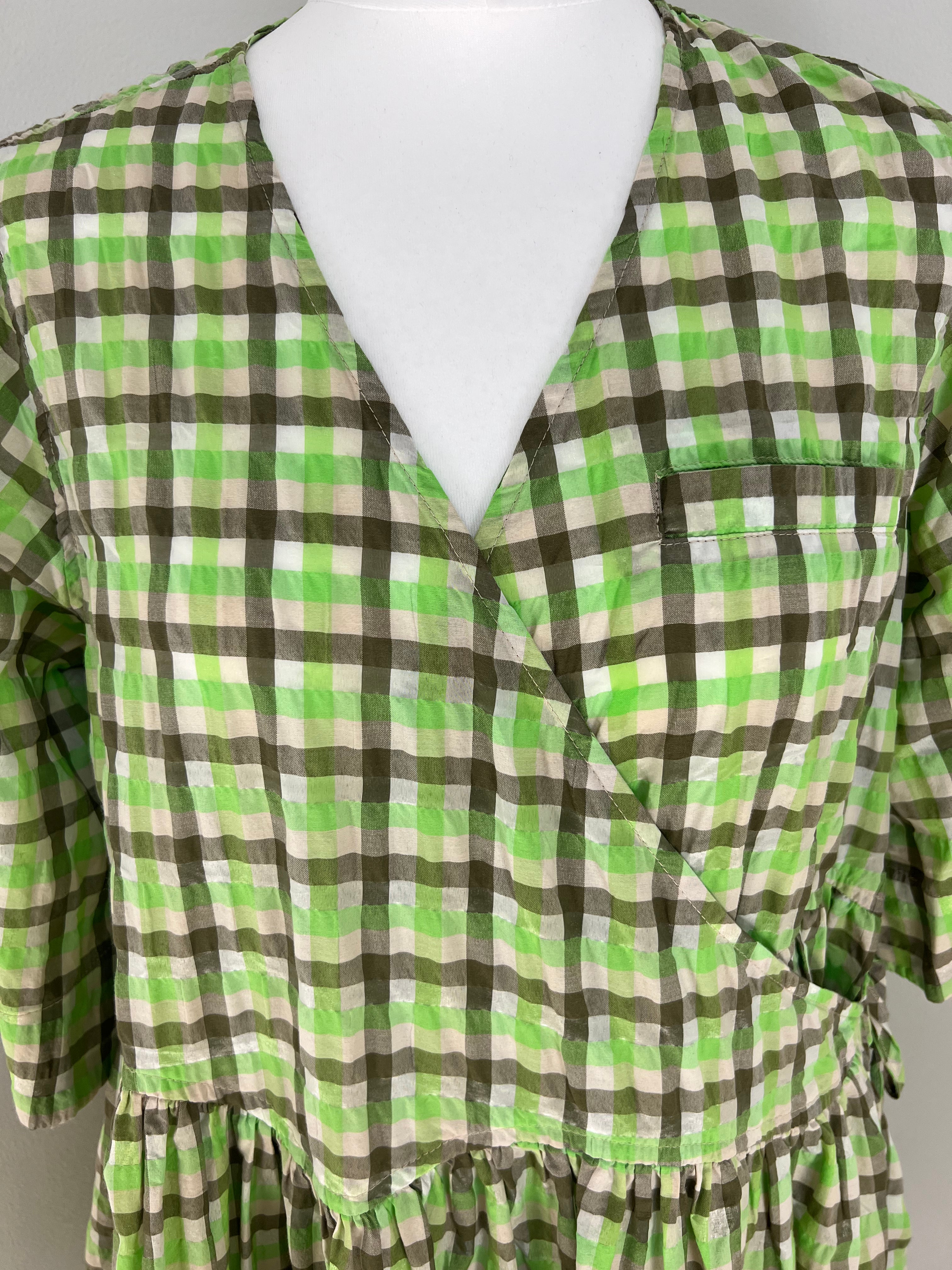 Ganni green check wrap mini dress - S/M