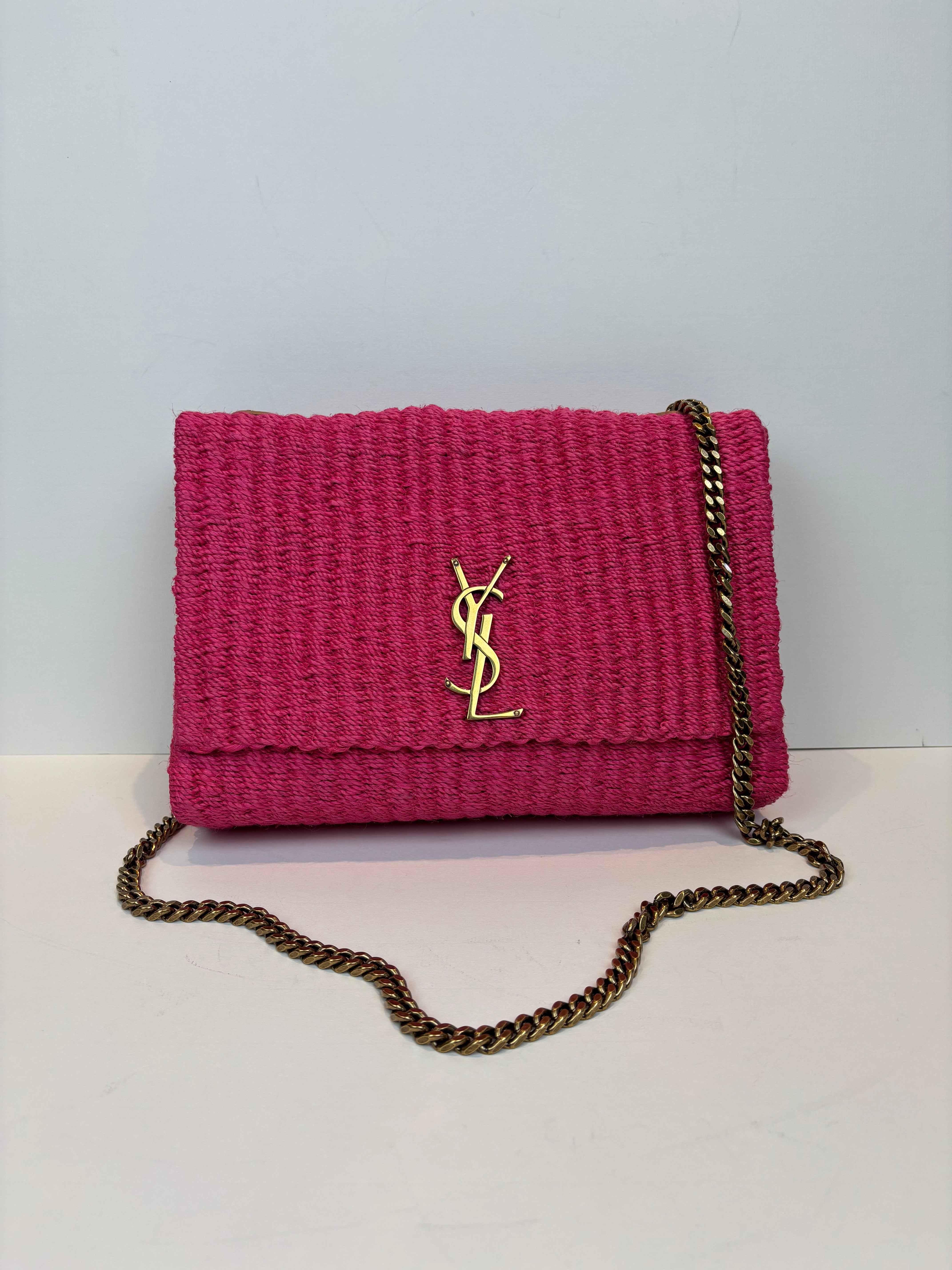 Saint Laurent Kate raffia pink bag